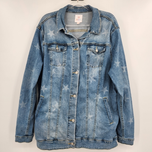 Lularoe Jaxon Denim Jacket Womens Size 3XL Blue Star Print Button Front Stretch - Picture 8 of 8